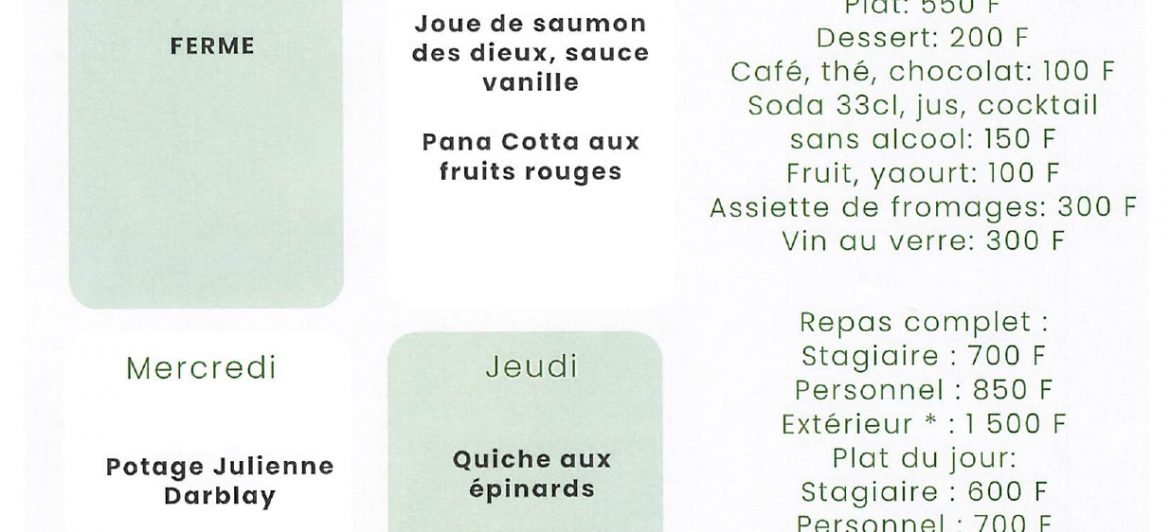 Menu restaurant pédagogique de Taravao