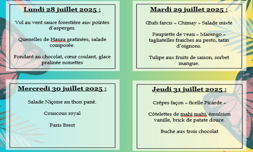Menu du restaurant pédagogique de Pirae du 28 au 31 Juillet 2025