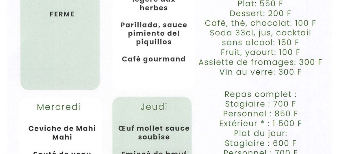 Menu du restaurant pédagogique de Taravao du 04 au 07 Août 2025
