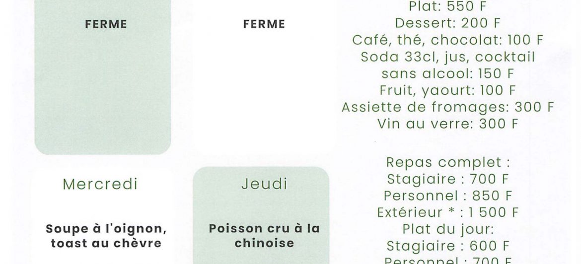 Menu du restaurant pédagogique de Taravao du 14 au 17 Juillet 2025