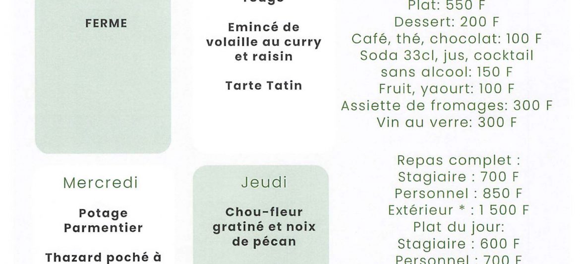 Menu du restaurant pédagogique de Taravao du 18 au 21 Août 2025
