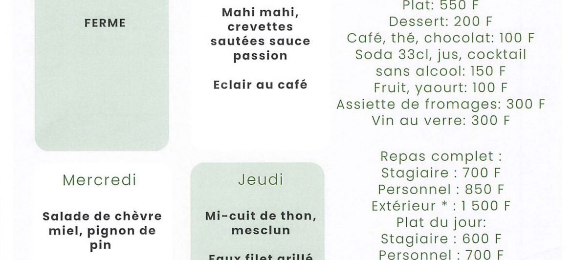 Menu du restaurant pédagogique de Taravao du 21 au 24 Juillet 2025