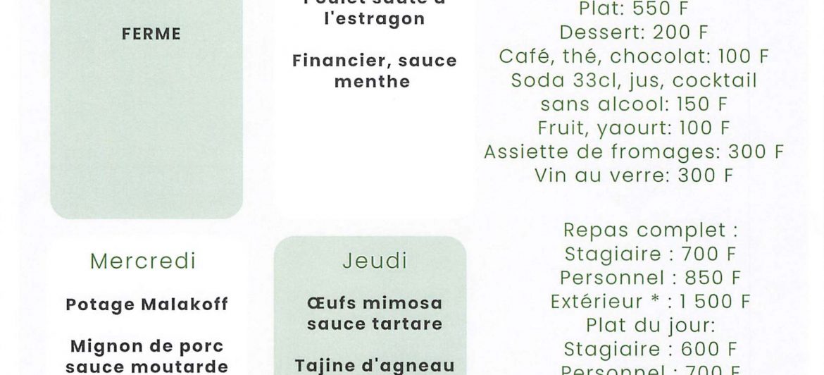 Menu du restaurant pédagogique de Taravao du 25 au 28 Août 2025