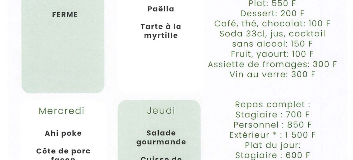 Menu du restaurant pédagogique de Taravao du 28 au 31 Juillet 2025