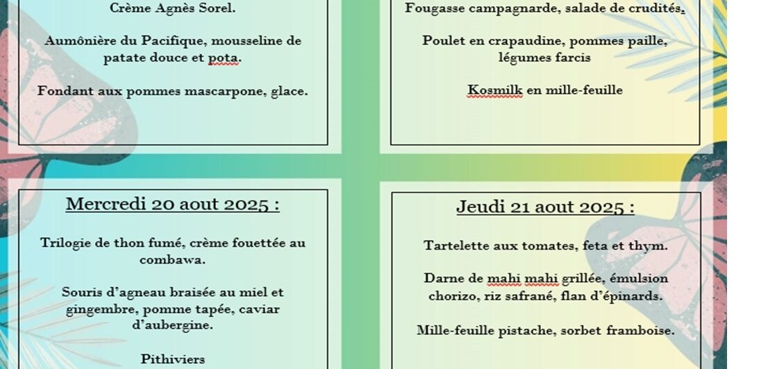 Menu du restaurant pédagogique de Pirae du 18 au 21 Août 2025